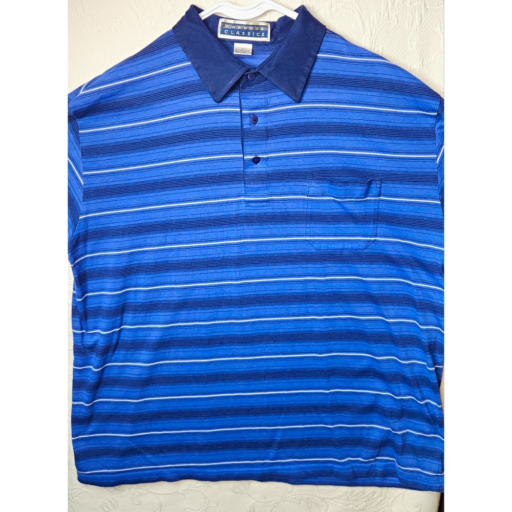 Harbour Classics Men's XL Blue Striped Short Sleeve Collared Button Polo